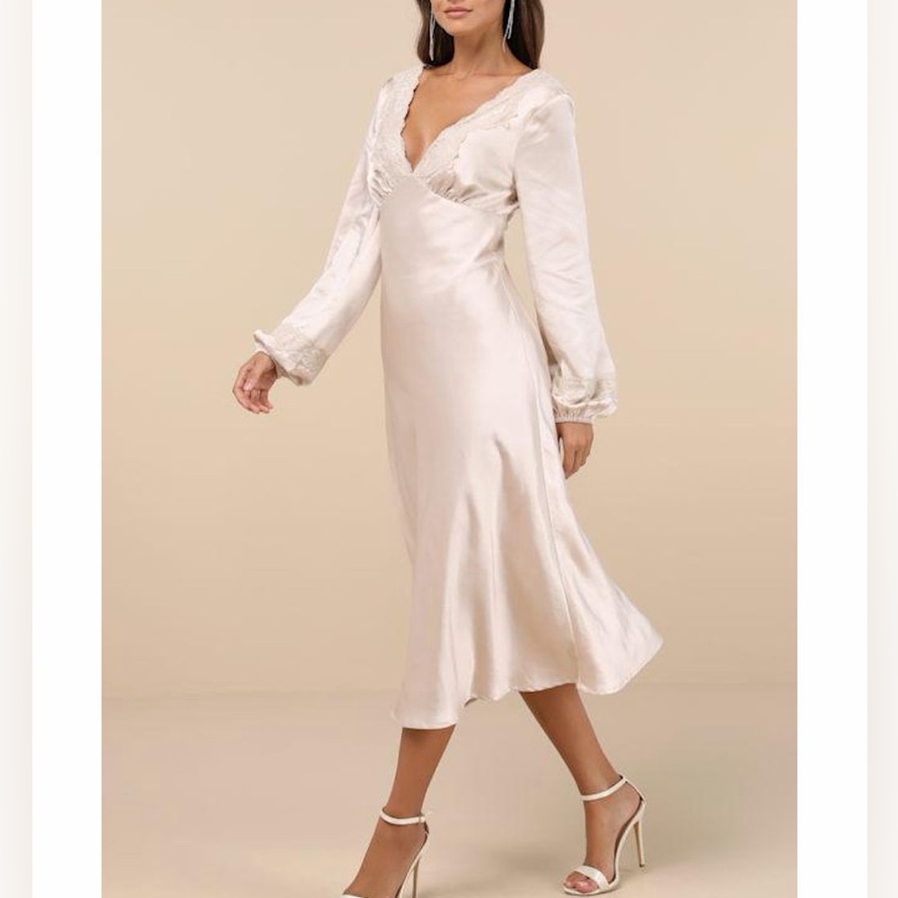 NWT Lulu's Cream Dress L Lulus Natural Illustrious Elegance Satin Long Sleeve